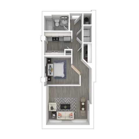 a stylized floor plan with a bedroom and a living room